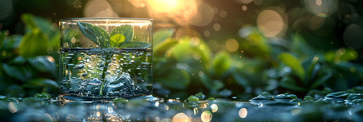 A Glass of Water with Splashes of Greenery,
Beautiful autumn forest flora and nature foliage and leaves - obrazy, fototapety, plakaty