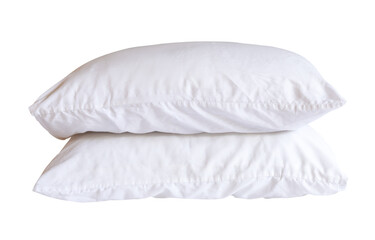 Side view of white pillow with case in stack after guest's use in hotel or resort room isolated...
