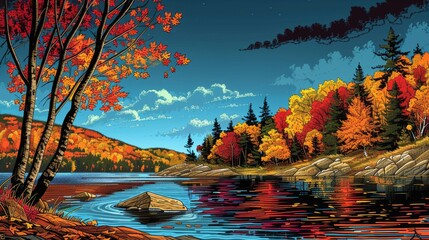 A beautiful autumn scene with a lake and trees