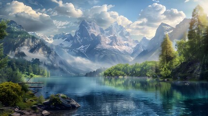 Fototapeta premium landscape with lake and mountains