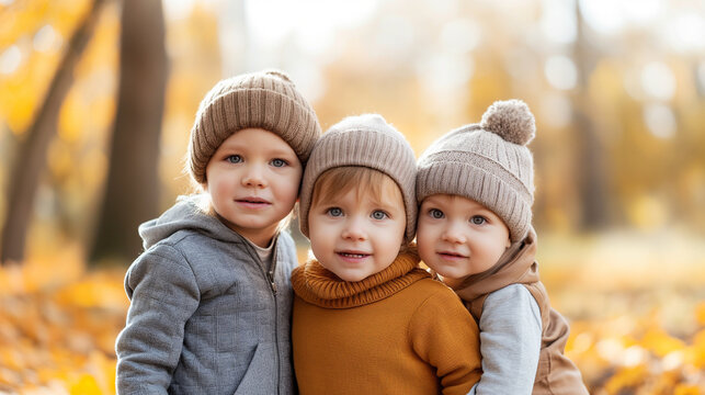 Three children wearing knit caps are posing outside in the fall.

