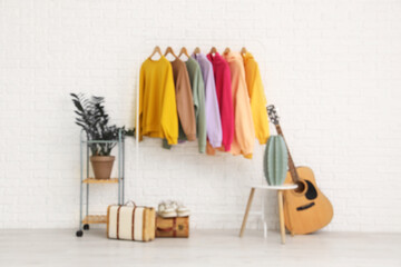 Rack with female clothes, houseplant, guitar and decor near light brick wall in room
