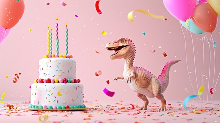 Dynamic dinosaur celebration: cute dino with birthday cake, confetti, and balloons