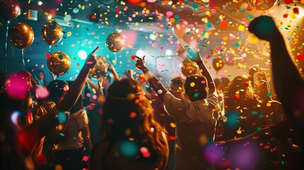 Joyous celebration: party transition - colorful festivities as guests move from indoor to outdoor setting, spreading cheer and vibrancy in a social gathering