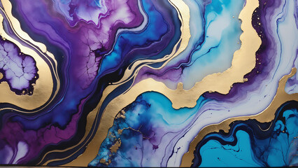 Luxury abstract fluid art painting in alcohol ink technique, mixture of blue and purple paints....