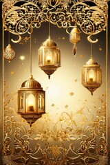 Radiant Ramadan Elegance Golden Lanterns Garland and 3D Arabic Ornamental Brilliance