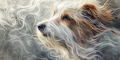   A tight shot of a dog's focused face, superimposed with a softly blurred replica behind - obrazy, fototapety, plakaty