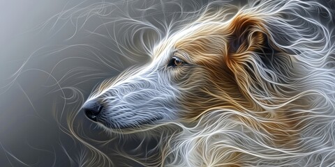   A tight shot of a dog's expressive face, superimposed with an out-of-focus depiction of waving fur strands due to wind