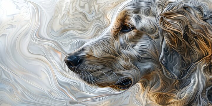   A dog's face in tight focus against a frosted glass backdrop, overlain with a softly blurred dog head image