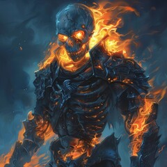   A skeleton faces a fiery sunset Its chest and arms bear radiating skulls