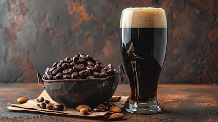   A glass of dark beer sits next to bowls of nuts and almonds on a wooden table - obrazy, fototapety, plakaty