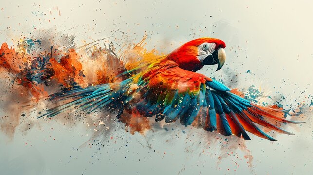 an abstract parrot portrait infused with colorful double exposure paint