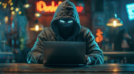   A person in a hoodie sits at a table, laptop in front, illuminated by a neon light above - obrazy, fototapety, plakaty