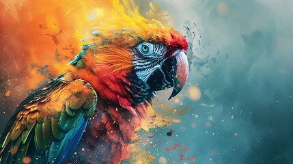 an abstract parrot portrait infused with colorful double exposure paint