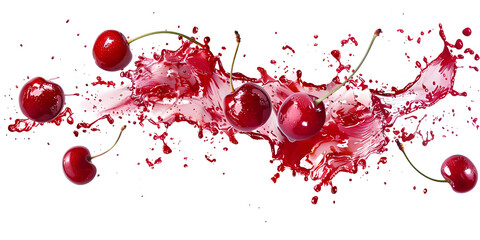 Falling of red Cherries with juice isolated on white background Whole and sliced fresh cherries in the air Dynamic picture of cherries flying into juice. Splashes of wine on white with space for text
