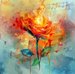   A red rose painting with music notes encircling it and a flame atop its stem