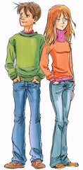   A boy and a girl stand next to each other, each with one hand on their hip