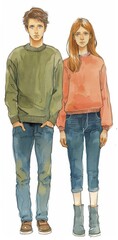   A man and a woman stand side by side, both with hands in their pockets They wear casual attire consisting of sweaters and jeans