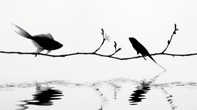   A black-and-white image of two birds perched on a branch Water reflects in the background, creating a mirror-like effect