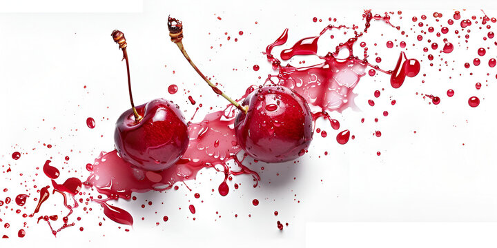 Falling of red Cherries with juice isolated on white background Whole and sliced fresh cherries in the air Dynamic picture of cherries flying into juice. Splashes of wine on white with space for text
