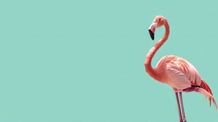   A pink flamingo poses before a blue backdrop, legs extended, head tilted sideways
