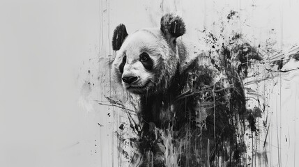   A black-and-white image of a panda with paint splatters on its face and neck