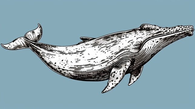   A humpback whale drawing with its mouth agape and tail beyond its jaws