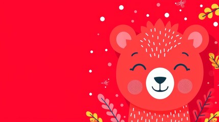   A red backdrop bears a sleeping creature, its eyes hidden Surrounding it are falling leaves and gentle snowflakes