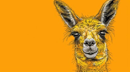 Fototapeta premium A llama's face in tight focus against a yellow backdrop, framed by a black border delineating its head ..Or, for a