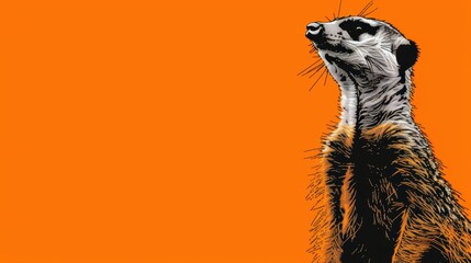   A meerkat gazing upward on an orange backdrop - obrazy, fototapety, plakaty