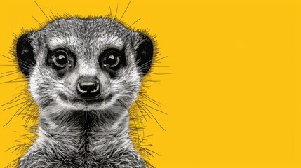   Meerkat's face, close-up Yellow background Eye contact with camera - obrazy, fototapety, plakaty