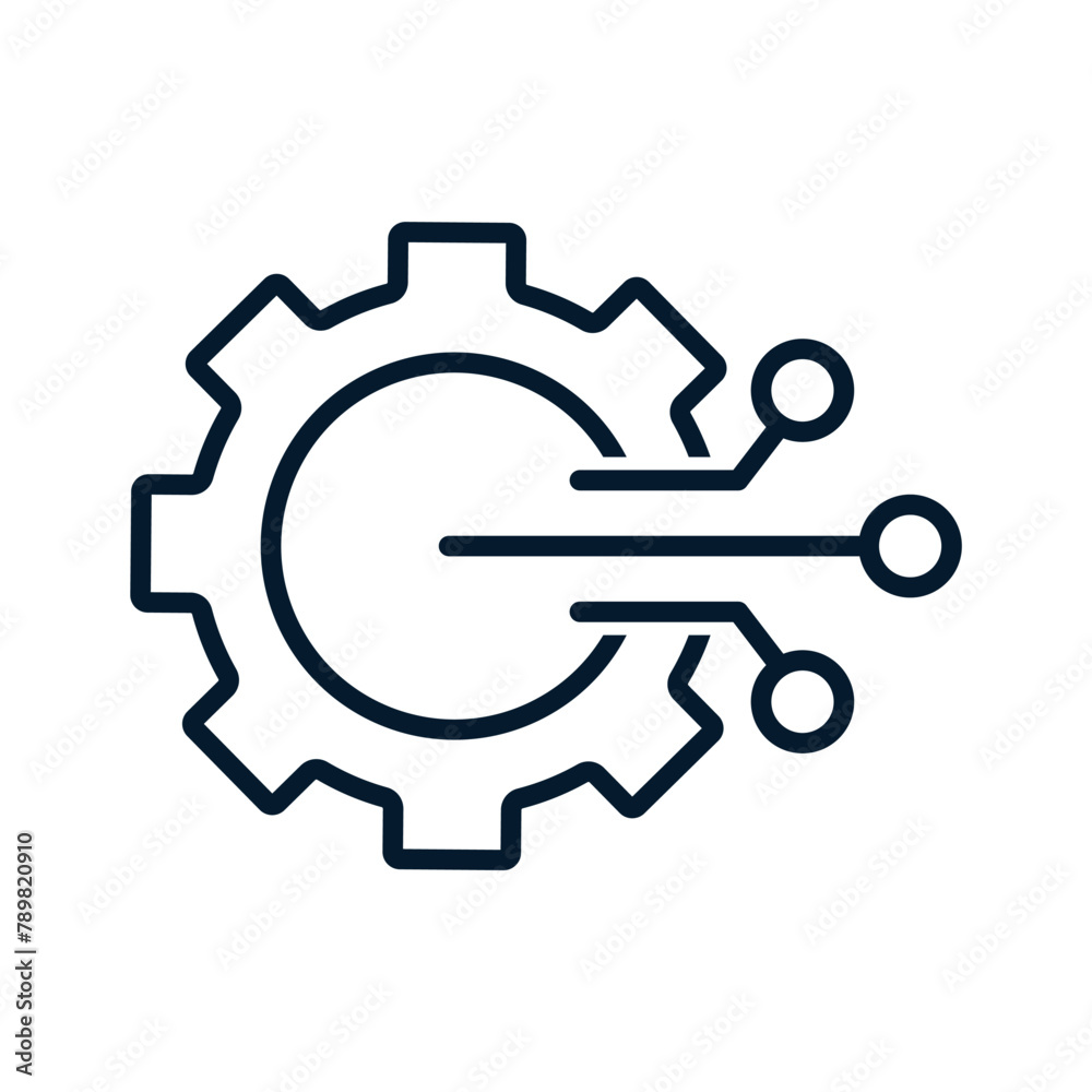 Wall mural gear with electronic element. new digital tools. vector linear icon isolated on white background.