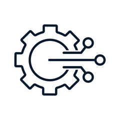 Gear with electronic element. New digital tools. Vector linear icon isolated on white background.