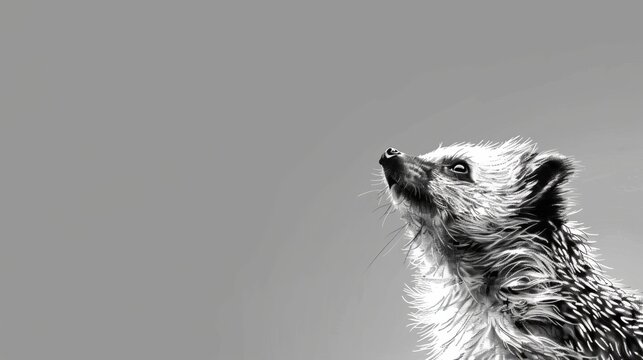   A black-and-white image of a meerkat babys gazing upward, eyes fully opened