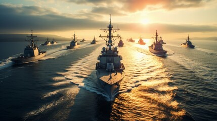 Aerial view of a destroyer leading a naval fleet in formation, showcasing strategic operations and maritime power