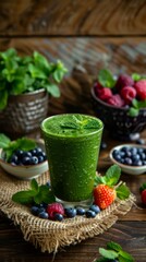   A wooden table holds a vibrant green smoothie garnished with strawberries, raspberries, blueberries, and a sprig of mint