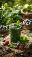 Fototapeta na wymiar A green smoothie with blueberries, raspberries, and mint on a weathered wooden table, surrounded by lush green foliage