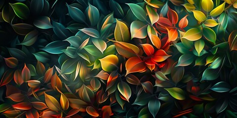   A tight shot of leaves against a black backdrop, with a red and yellow flower situated to the image's left