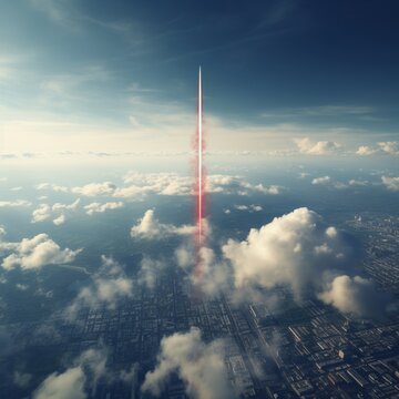 Conceptual image of an arrow piercing through clouds, viewed from a skyscraper, representing highspeed growth and ambition