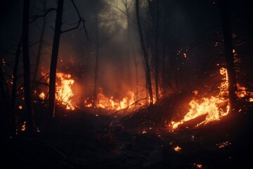 Intense closeup of blazing fire in a dark forest at night, flames leaping high, creating a dramatic, urgent scene
