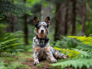   A dog, situated in a forest's heart, gazes at the camera with solemn eyes - obrazy, fototapety, plakaty