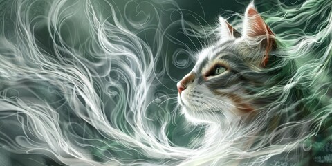  Cat's face with white hair swaying in the wind Background softly blurred