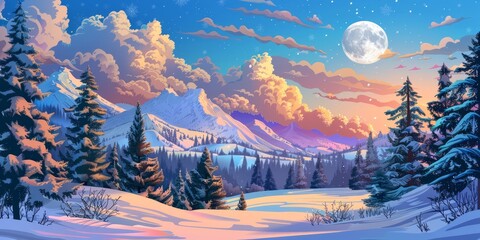   A snowy mountain scene painted with a full moon in the sky, trees in the foreground, and clouds in the background