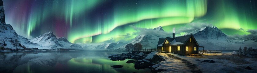 Spectacular view of the aurora borealis illuminating the night sky over a snowy Arctic landscape, with a cozy cabin in the foreground