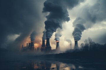 Stark image of industrial smokestacks emitting dense smoke against a grey sky, symbolizing air pollution and environmental impact - obrazy, fototapety, plakaty