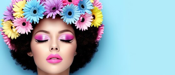   A tight shot of a woman wearing floral headpiece, adorned with pink lipstick and eyeliner - obrazy, fototapety, plakaty
