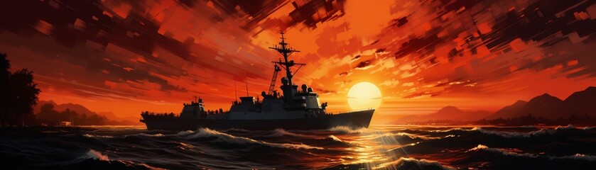 Sunset silhouette of a destroyer on patrol, its outline stark against a fiery sky, conveying peacekeeping and vigilance - obrazy, fototapety, plakaty
