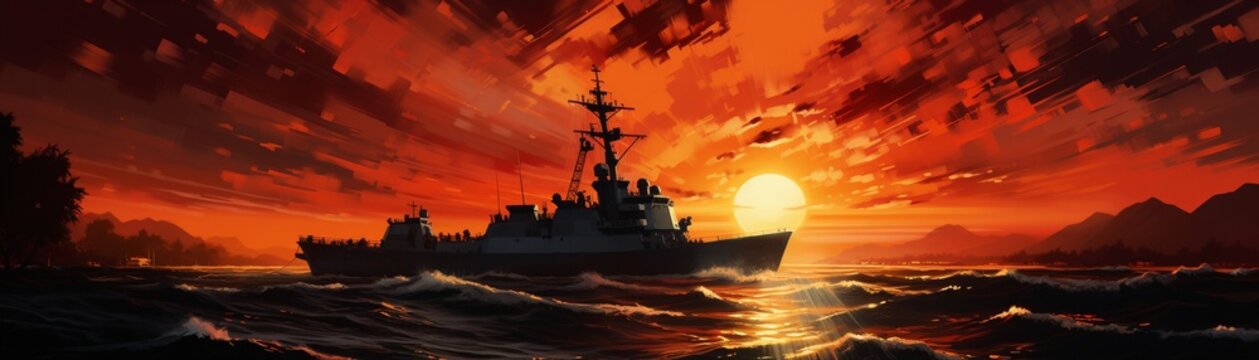 Sunset silhouette of a destroyer on patrol, its outline stark against a fiery sky, conveying peacekeeping and vigilance