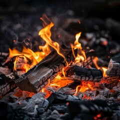   A tight shot of a fire in a grill, brimming with glowing hot coals and firewood smoldering in the backdrop