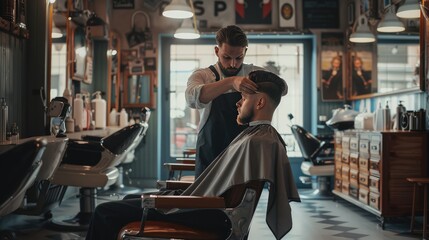 Man getting a haircut in a barbershop, AI generated Image